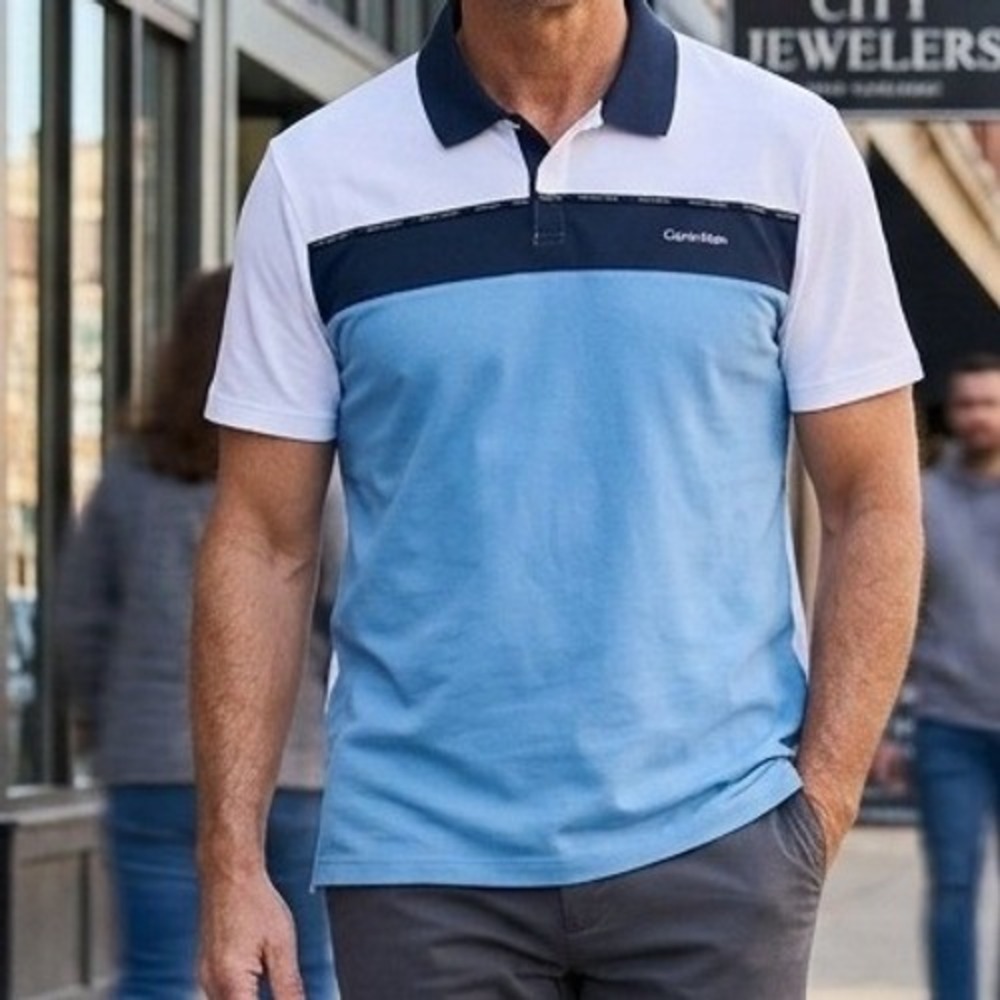 Calvin Klein Mens XXL Blue White Colorblock Quick Dry‎ Wicking Polo Shirt